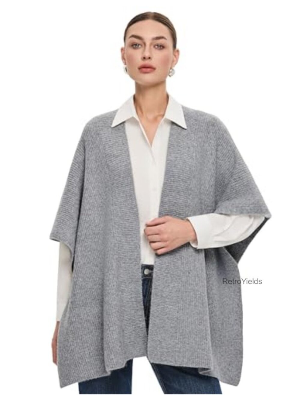 Ribbed Knit Open Front Shawl Wrap Poncho Cape Cardigan